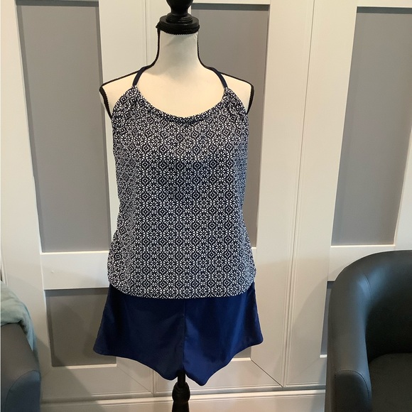 Navy and White Tankini Style Swimsuit and Matching Short Bottoms - Picture 1 of 2